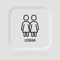 Couple of lesbians holding hands each other thin line icon in rainbow color. Modern vector illustration.