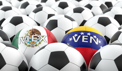 Fototapeta premium Mexico vs. Venezuela Soccer Match - Leather balls in Mexico and Venezuela national colors. 3D Rendering 