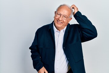 Senior man with grey hair wearing casual style and glasses confuse and wonder about question....