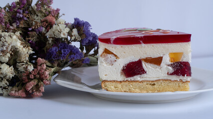 Big beautiful red velvet cake. Slice on a plate, dessert  sweet holiday treats.