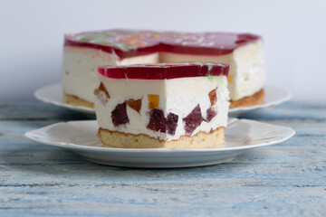 Big beautiful red velvet cake. Slice on a plate, dessert  sweet holiday treats.