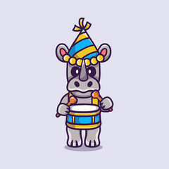 cute rhino celebrates new year playing drums