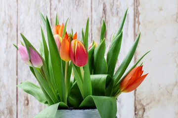 Bouquet of colorful tulips on wooden background.