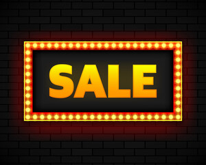 Blank lightbox on brick wall background. Text on the banner sale. Illuminated lightbox screen. Vector illustration.