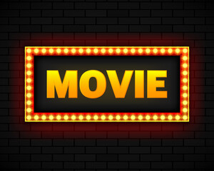 Blank lightbox on brick wall background. Text on the banner Movie. Illuminated lightbox screen. Vector illustration.