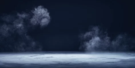 Photo sur Plexiglas Fumée Plate-forme, podium ou table en béton texturé gris avec fumée dans le noir