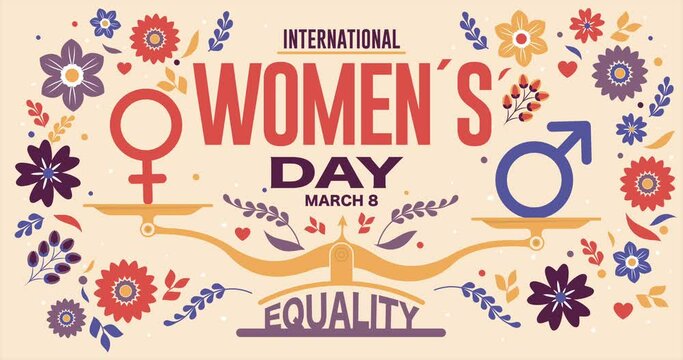 A 4K 3D animated video of a  colorful Women's day postcard with gender symbols