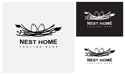 Nest Home Logo Design Template With Bird Egg. A Bird Laying Eggs In Her Nest.
