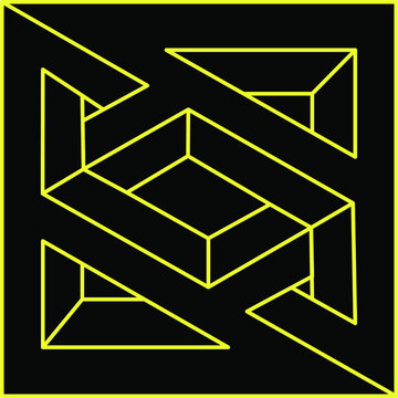 Optical illusion shape, impossible figure, yellow lines on a black background, optical art object. Geometry.