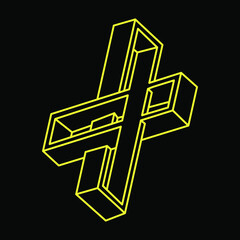 Impossible shapes. Sacred geometry. Optical illusion figure. Abstract eternal geometric object. Impossible endless outline. Line art. Optical art. Impossible geometry shape on a black background.