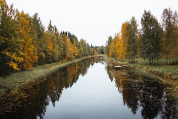 Fototapeta premium Autumn fairy tale in Kainuu, Finland. The colourful deciduous trees play with all their colours and reflect on the lake surface on a cloudy day. Orange, Green, blue colours