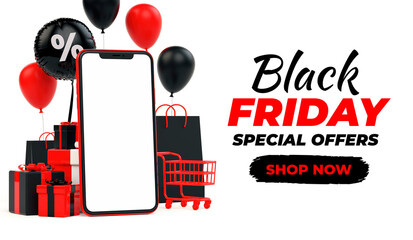 Black Friday sale banner background with mobile phone mockup blank screen and red stuff in realistic 3D rendering. Lettering text, special offer flyer and online shopping concept