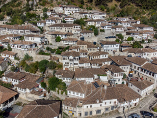 Obraz premium Aerial drone view of Berat, Albania. Old town, view from above. City of 1000 windows. Buildings, streets and residential houses.