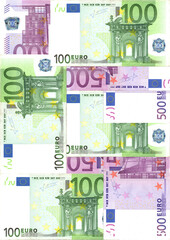 Euro bills seamless pattern from laid out European currency banknotes. Texture for gift paper or fabric.