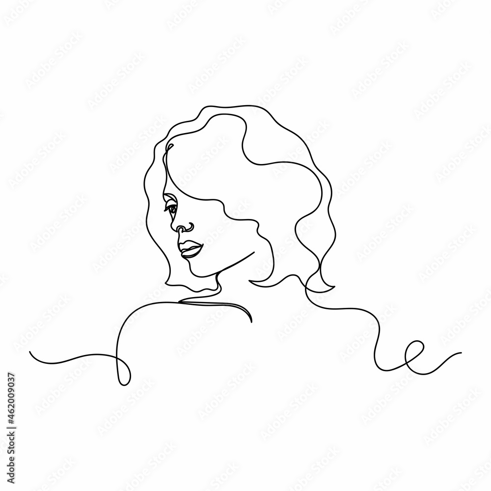 Wall mural Continuous one line drawing of abstract woman face with short bob hair in silhouette on a white background. Linear stylized.