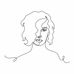 Continuous one line drawing of abstract beautiful curly hair girl woman in silhouette on a white background. Linear stylized.