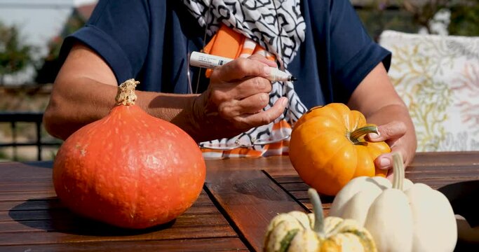 Preparing Halloween decoration concept: Human female hands drawing a scary face on a fresh pumpkin. Beautiful decorative pumpkins on the desk. Holiday preparation in 4k resolution. Crafts and hobby.