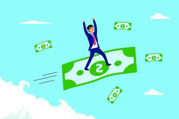 Businessman expressing happy while standing on flying banknote in the blue sky