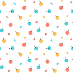 Cute cherry seamless pattern. Colorful cherries on white background. Design for printing fabrics or paper. Vector illustration
