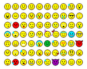 Pixel 8 bit yellow circles with smile collection. Isolated objects on white background. Different Emotions sign. Vector illustration.