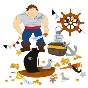 Sailor, in a pirate costume, with a saber, sailing boat with a black flag and a pirate symbol, treasure chest, map and anchor
