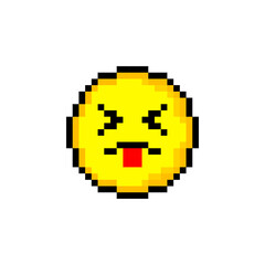 Obraz premium Pixel 8 bit yellow circle with smile. Isolated object on white background. Emotion sign. Vector illustration.