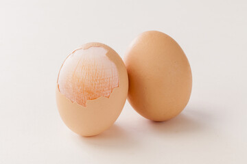 peeled egg shell expose the egg membrane on white background.