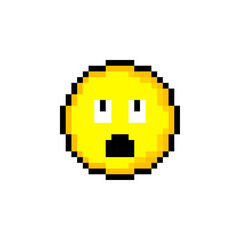 Pixel 8 bit yellow circle with smile. Isolated object on white background. Emotion sign. Vector illustration.