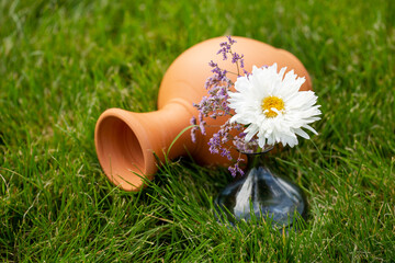 a clay jug and a vase with a flower on the green grass