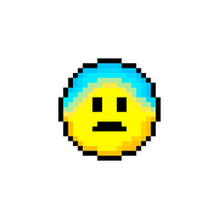 Pixel 8 bit yellow circle with smile. Isolated object on white background. Emotion sign. Vector illustration.