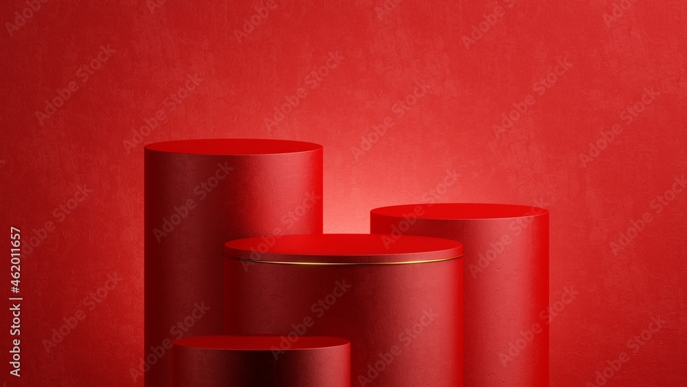 Poster 3d render, abstract christmas background. stack of red boxes with golden line. showcase scene with e