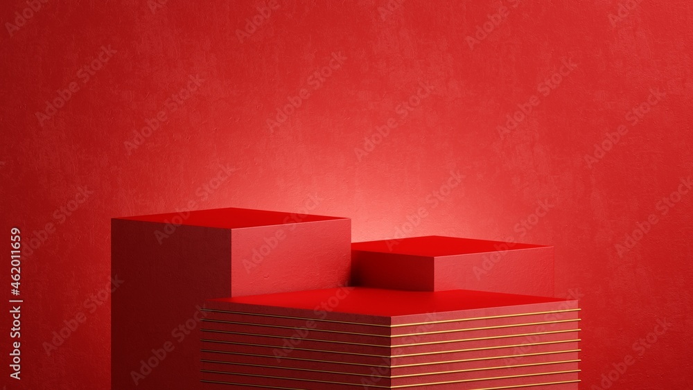 Poster 3d render, abstract christmas background. stack of red boxes with golden lines. showcase scene with 