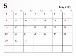 May 2022 calendar template.