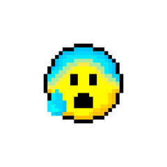 Pixel 8 bit yellow circle with smile. Isolated object on white background. Emotion sign. Vector illustration.