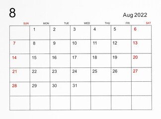 Augustl 2022 calendar template.