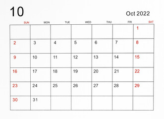 October 2022 calendar template. - obrazy, fototapety, plakaty