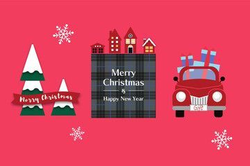 Christmas tree, house, car vector illustration.