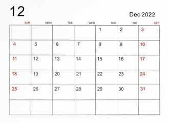 December 2022 calendar template.