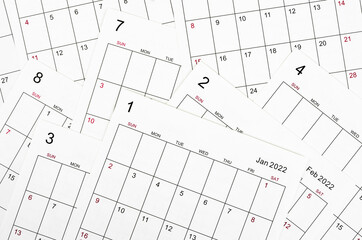 Many blank 2022 calendar sheet.