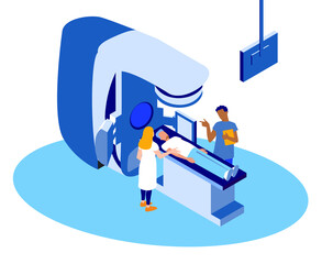 Doctors are preparing a patient to the procedure of a radiotherapy treatment on a LINAC (medical linear accelerator). Vector colorful isometric illustration. 