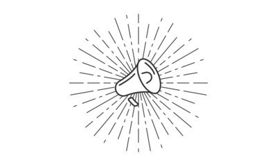 Vintage megaphone with sunbeams on grunge background. Loudspeaker linear icon. Vector illustration.