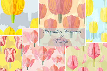 Seamless patterns with the many colorful tulips