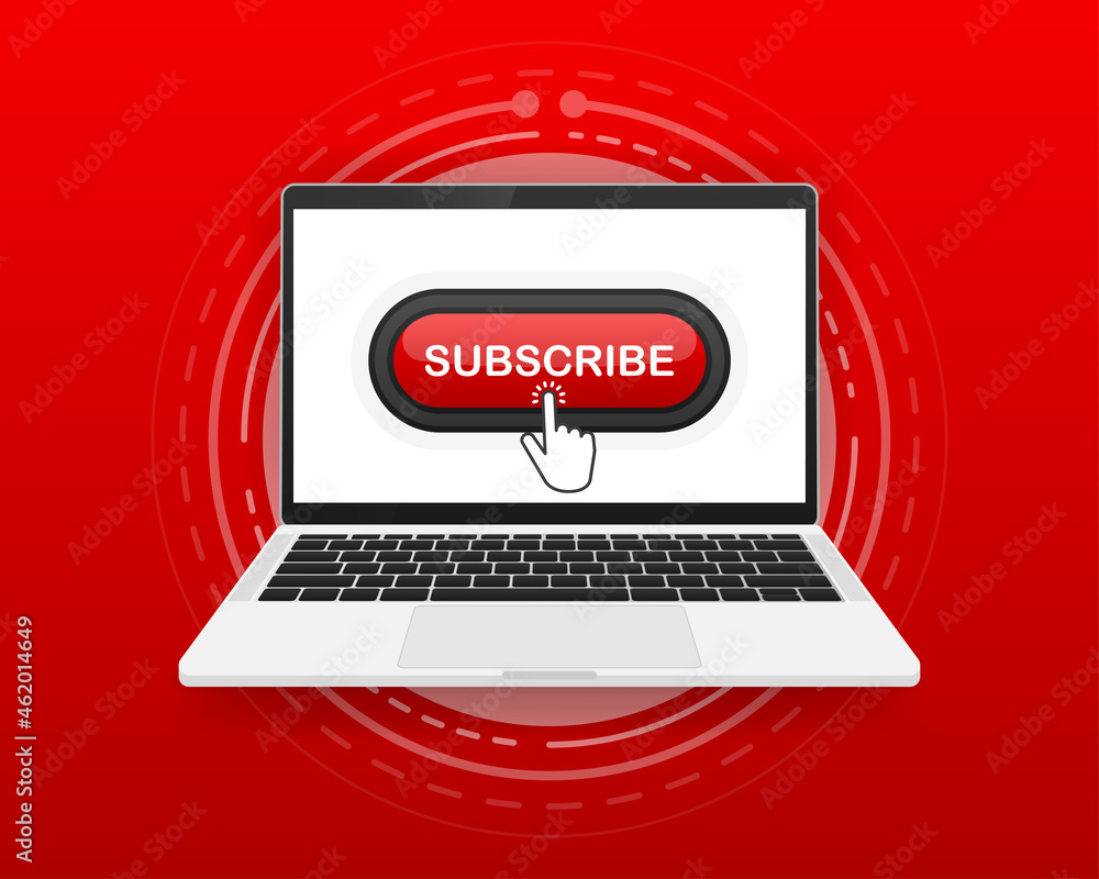Poster Subscribe, button and hand cursor on the screen computer. Red button subscribe to channel, blog. Vector illustration.