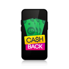 Cash back vector icon isolated on screen device. Economy of funds. Cashback or money back sign on smartphone. Vector illustration.