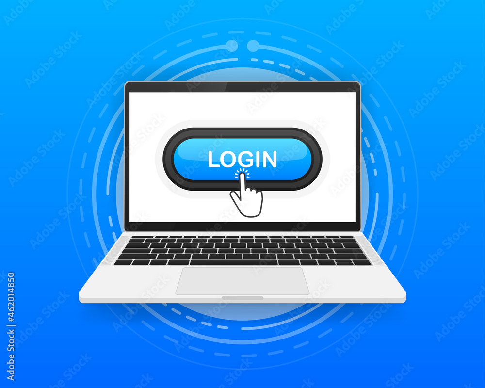 Poster login, button and hand cursor on the screen computer. blue button login in internet, platform. vecto