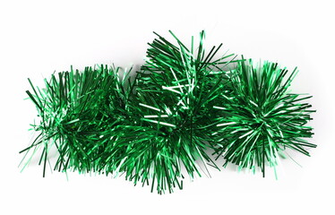 Green tinsel, Christmas ornament, decoration, isolated on white background, top view