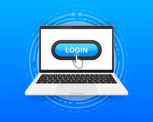 Login, button and hand cursor on the screen computer. Blue button login in internet, platform. Vector illustration.