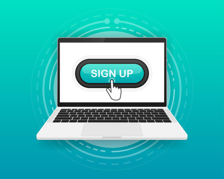 Sign UP, button and hand cursor on the screen computer. Green button sign up in internet, platform. Vector illustration.