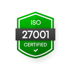 ISO 27001 Certified green vector banner. Flat certification label isolated on white background. Food safety concept. Vector illustration.