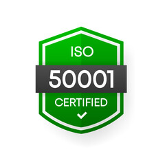 ISO 50001 Certified green vector banner. Flat certification label isolated on white background. Food safety concept. Vector illustration.